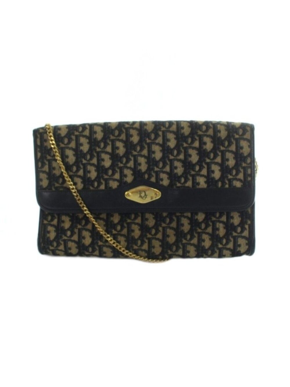 Dior Vintage Trotter Chain Shoulder Bag Gold Canvas Leather Navy Beige